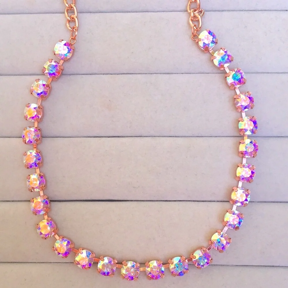Aurora Borealis + Rose Gold Crystal Tennis Statement Necklace